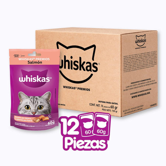 WHISKAS - Premios para Gato Sabor Salmón, Suaves y Crujientes, Vitamintas, Minerales y Proteína, Pack de 12, 60gr c/u