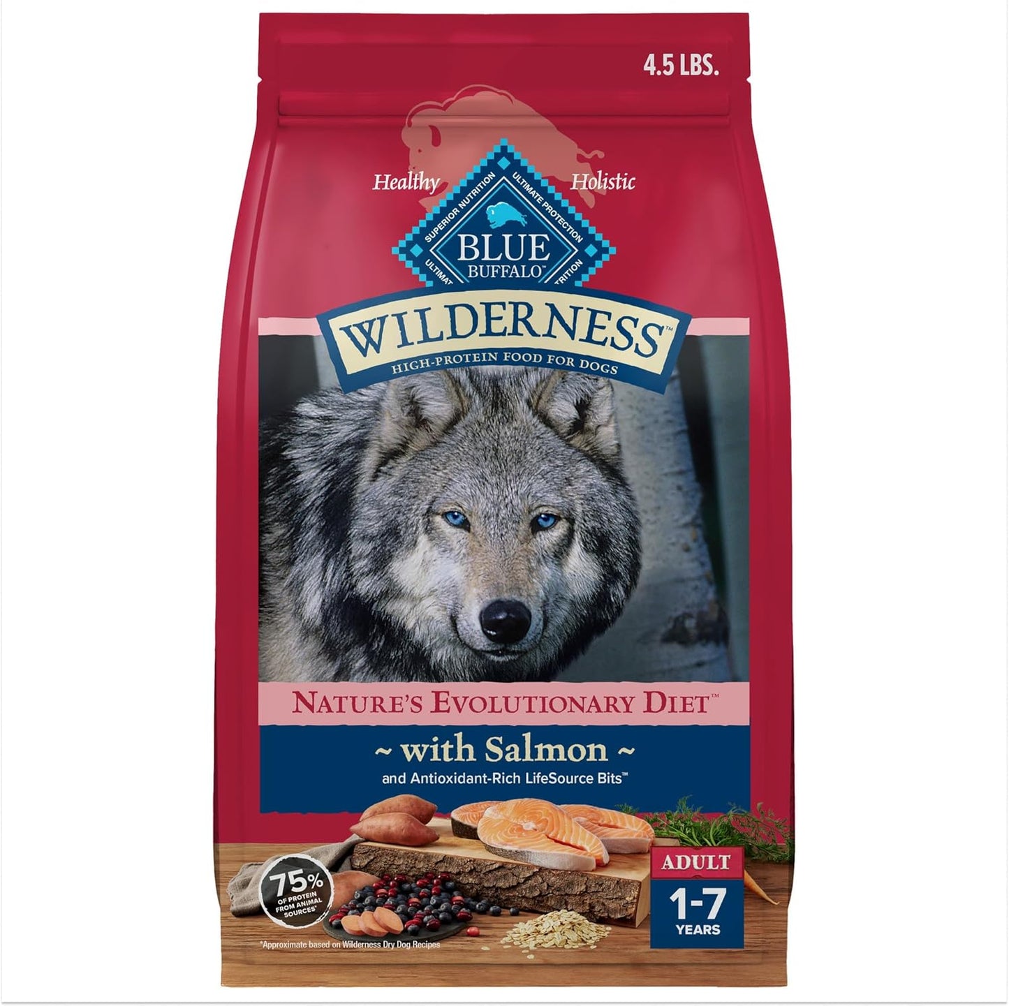 Blue Buffalo Wilderness High Protein Natural Adult Dry Dog Food Plus Wholesome Grains, Salmon 4.5 LB Bag