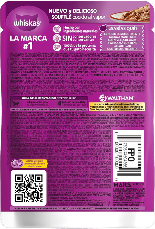 Whiskas - Sobres para Gato, Sabor Soufflé De Res, 85g c/u., Fibra Natural, Minerales, Vitaminas A, Sin Conservadores, 24 Sobres