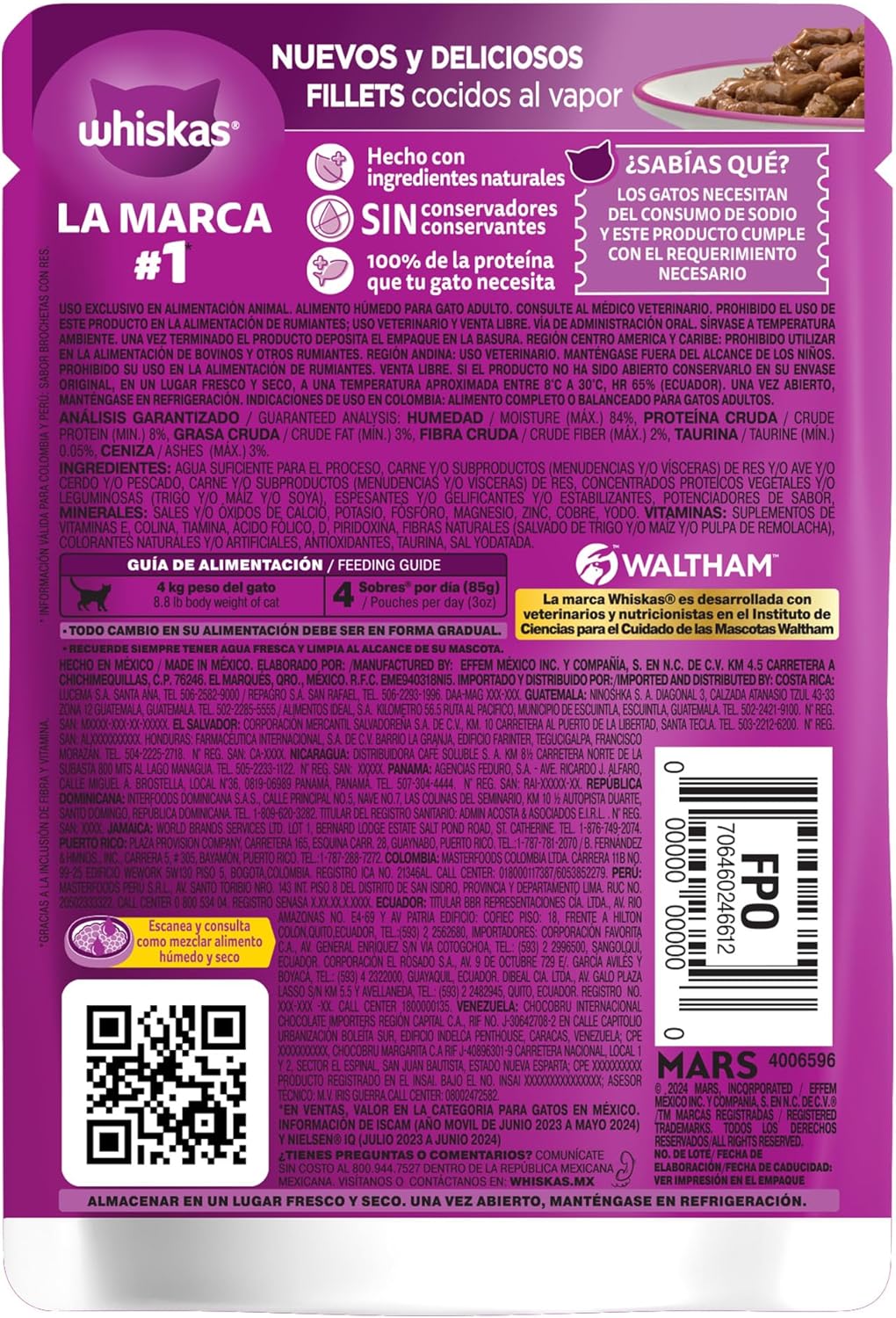 WHISKAS - Alimento Húmedo para Gatos, Sabor Brocheta, con Ingredientes Naturales, Calcio, Minerales, Vitamina A y Taurina, 85g c/u. Paquete de 24 Unidades