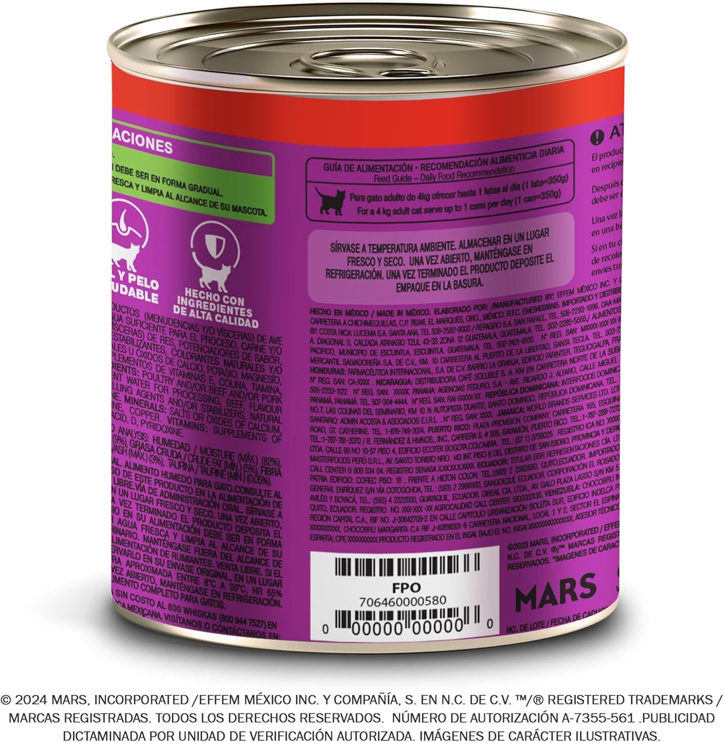 Whiskas Alimento para Gato Adulto en Lata, Sabor Res, Paquete de 24 Piezas, 350g c/u