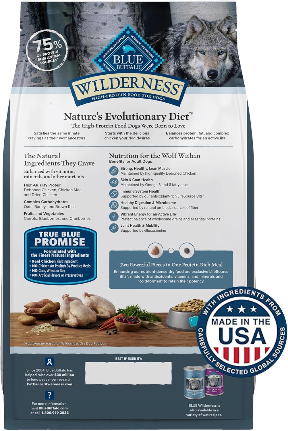 Blue Buffalo Wilderness High Protein Natural Adult Dry Dog Food Plus Wholesome Grains, Chicken 28 LB Bag