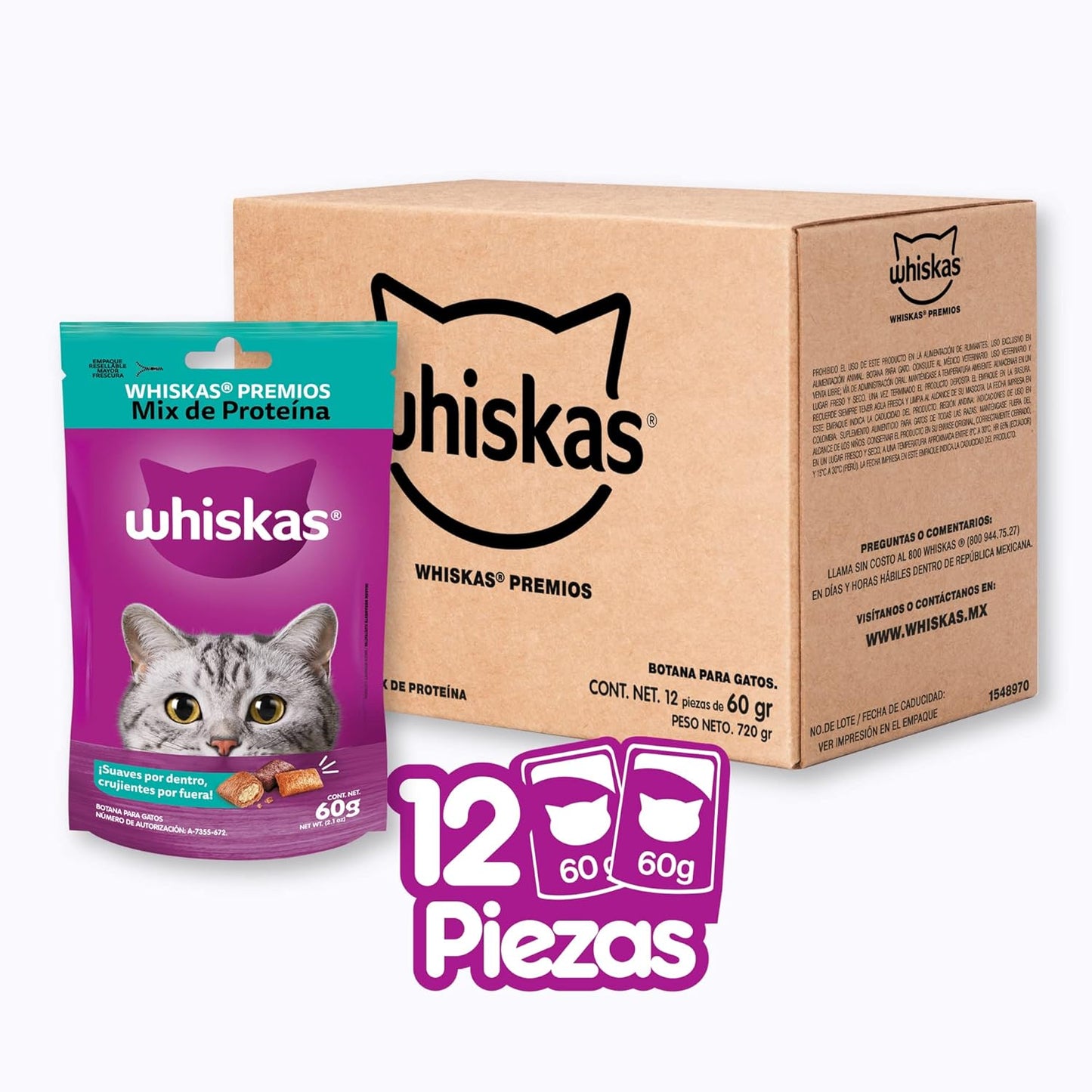 WHISKAS - Premios para Gato, Sabor Mix de Proteína, Suaves y Crujientes, Vitaminas y Minerales, Pack de 12, 60gr c/u