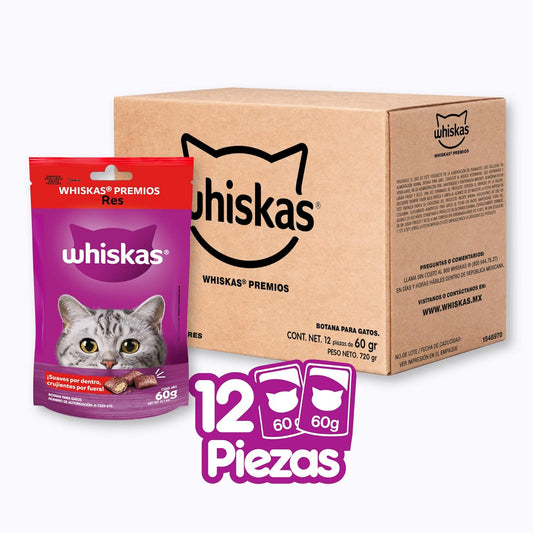 WHISKAS - Premios para Gato Sabor Res, Suaves y Crujientes, Vitaminas, Minerales y Proteína, Pack de 12, 60gr c/u