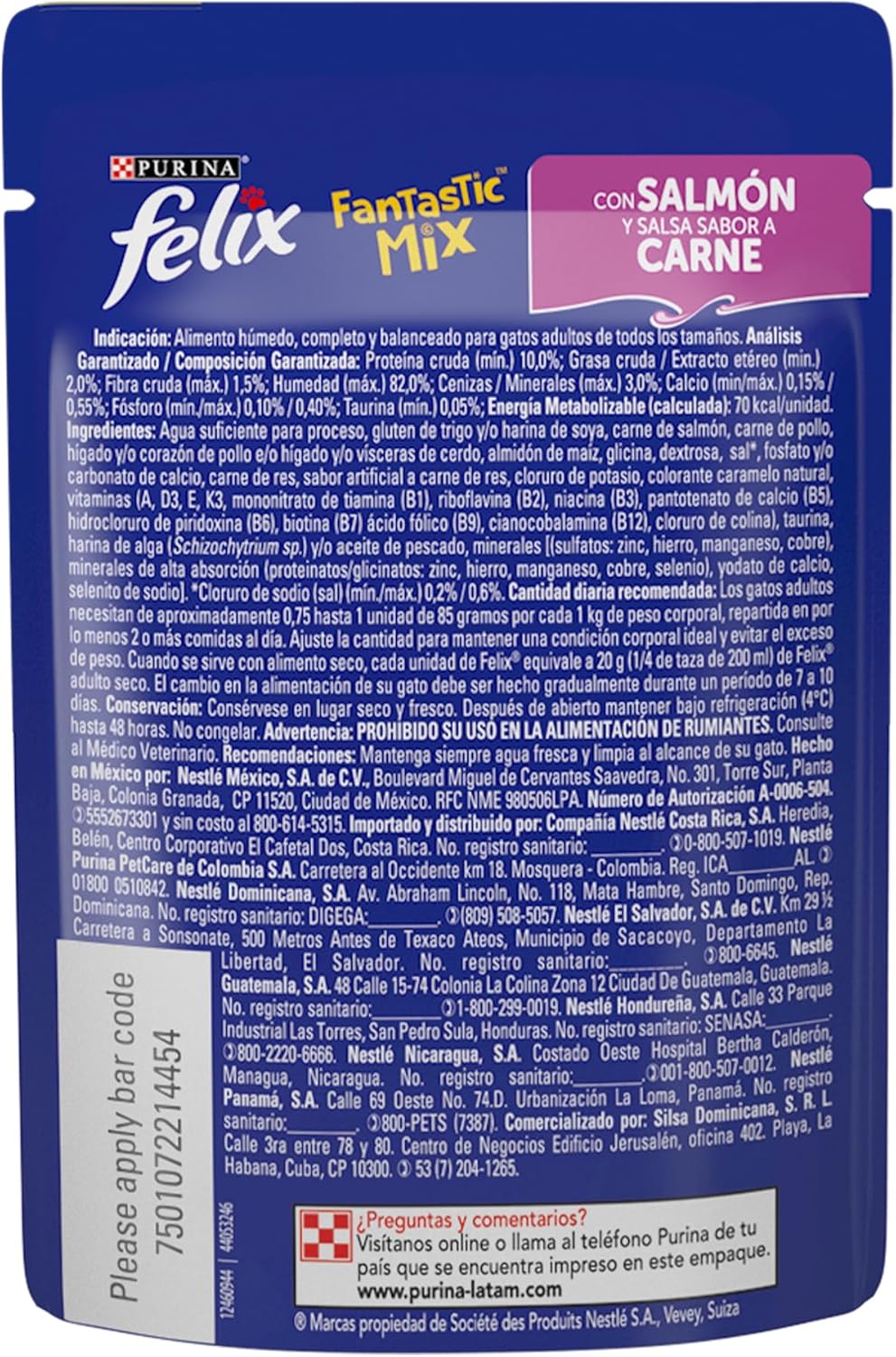 Purina Felix Fantastic Mix Adulto Todos los Tamaños Sabor Salmón con Salsa Sabor Carne 24pack de 85g