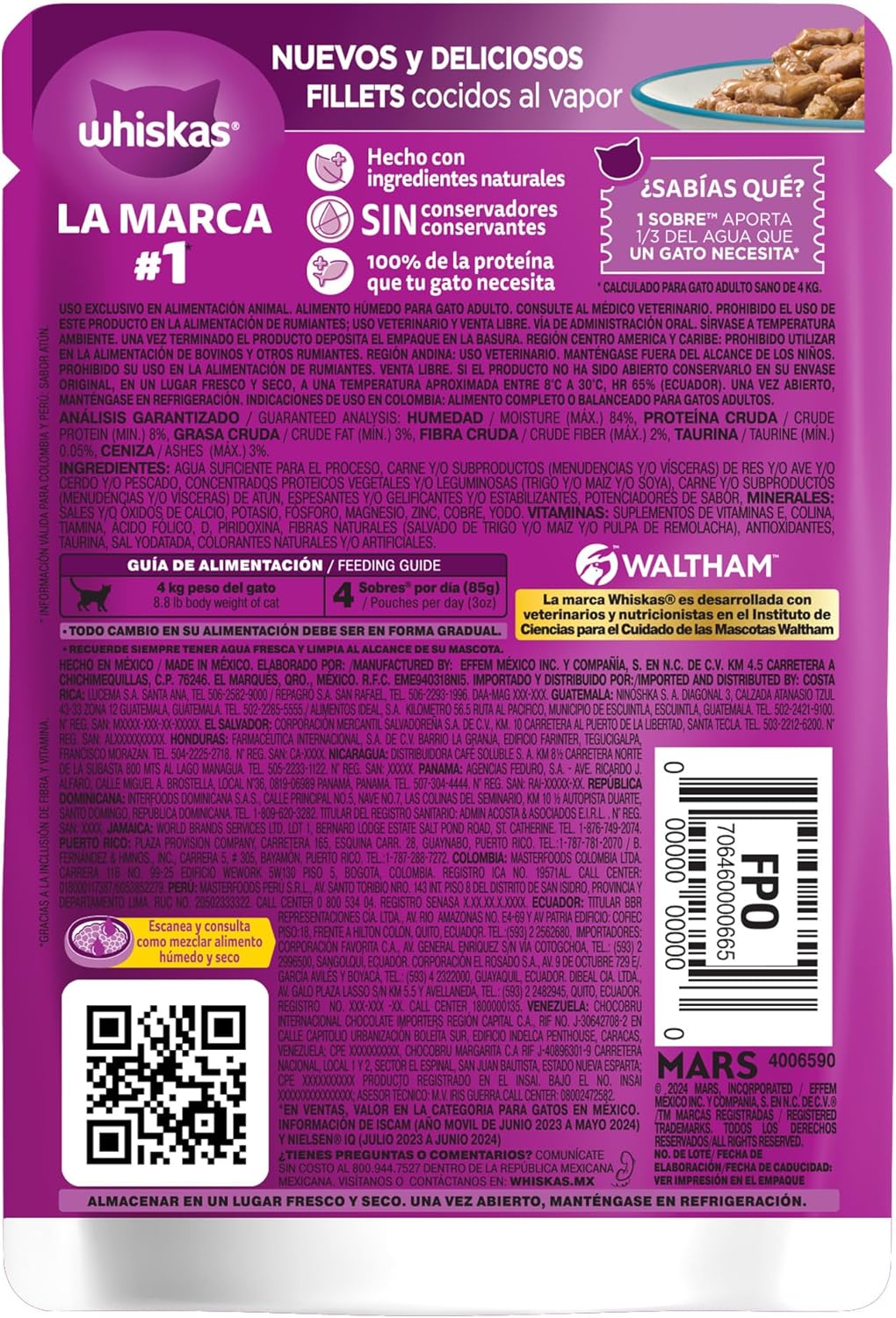 Whiskas Alimento Húmedo para Gatos, sabor Filetes De Atún 85g c/u. Paquete de 24 unidades