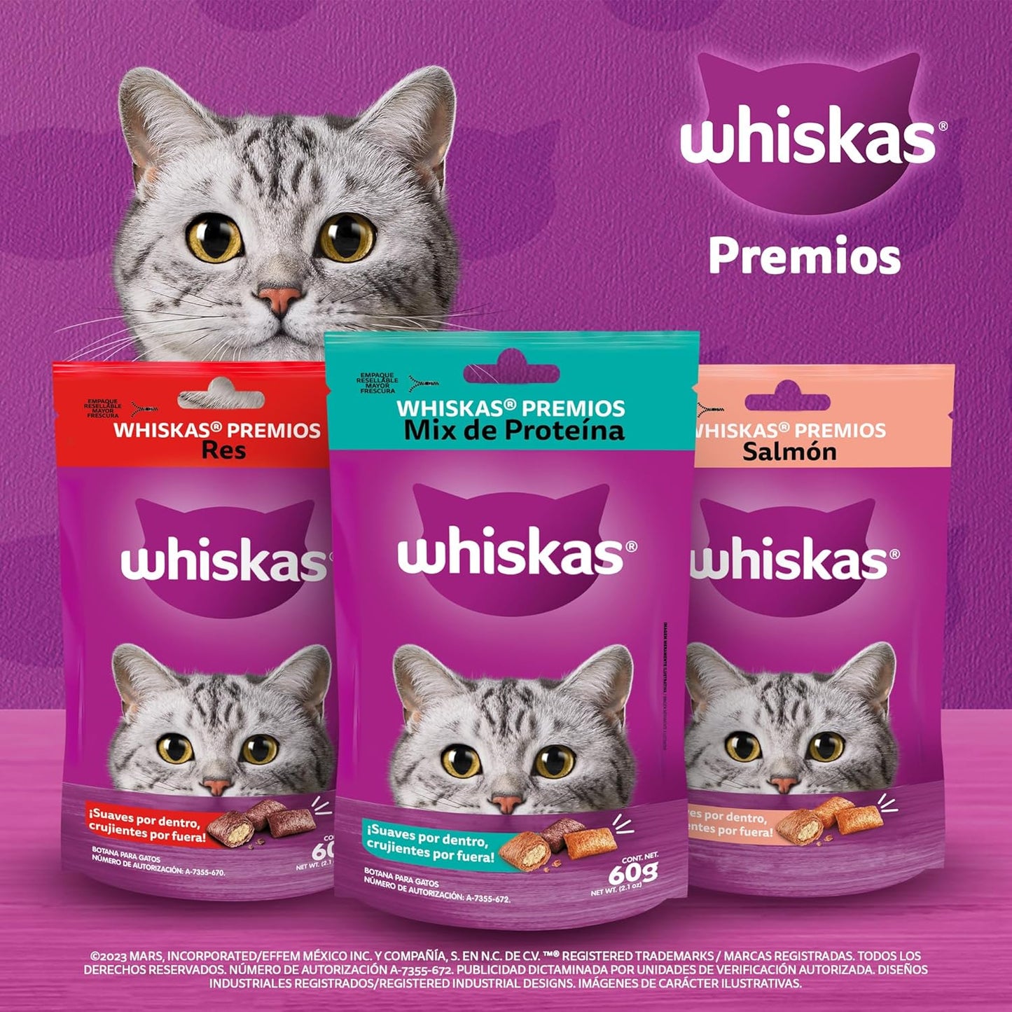 WHISKAS - Premios para Gato Sabor Res, Suaves y Crujientes, Vitaminas, Minerales y Proteína, Pack de 12, 60gr c/u