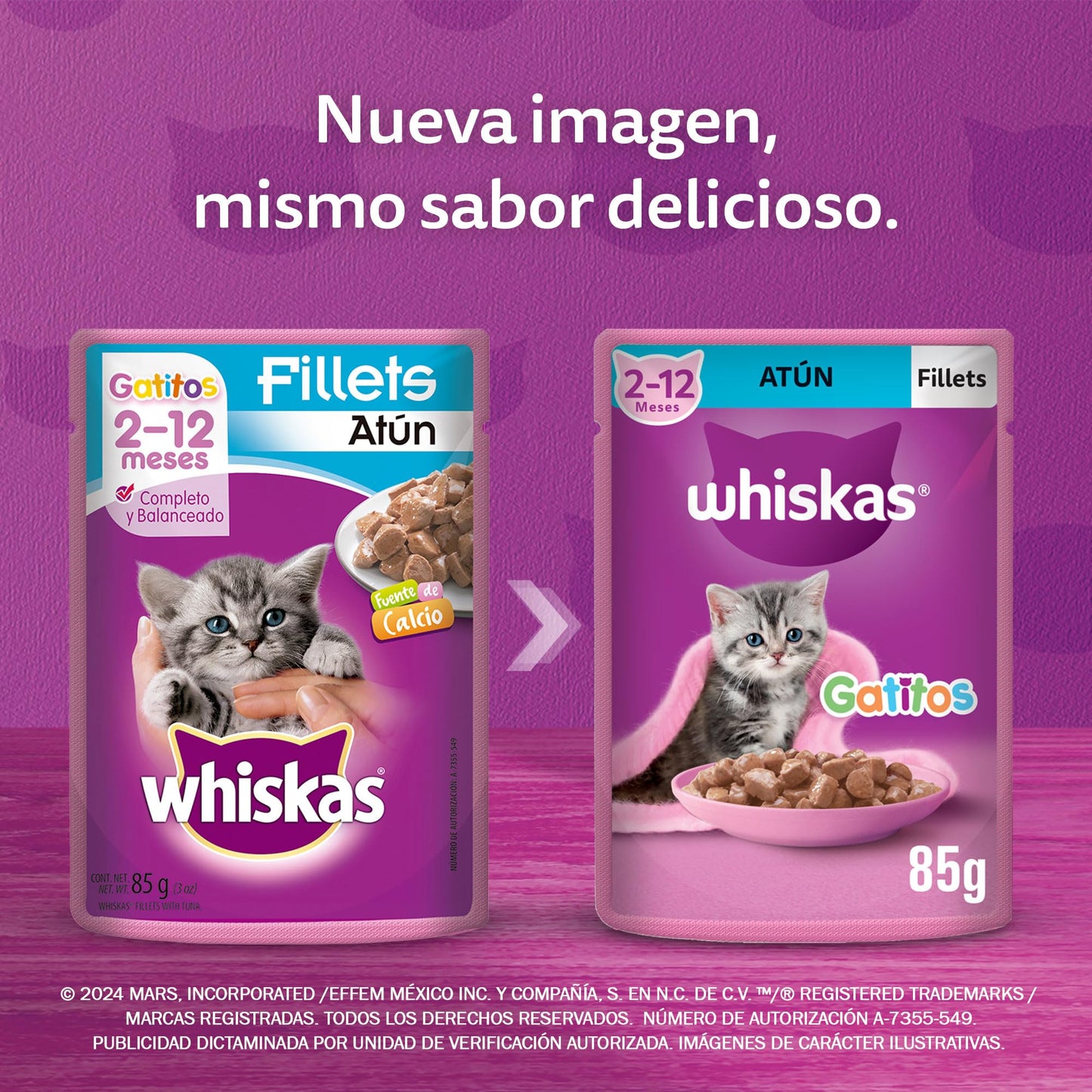 WHISKAS - Alimento Húmedo para Gatitos, Sabor Atún, con Proteína, Zinc, Vitamina E y Fibra, 24 Sobres para Gato, 85 gr. c/u