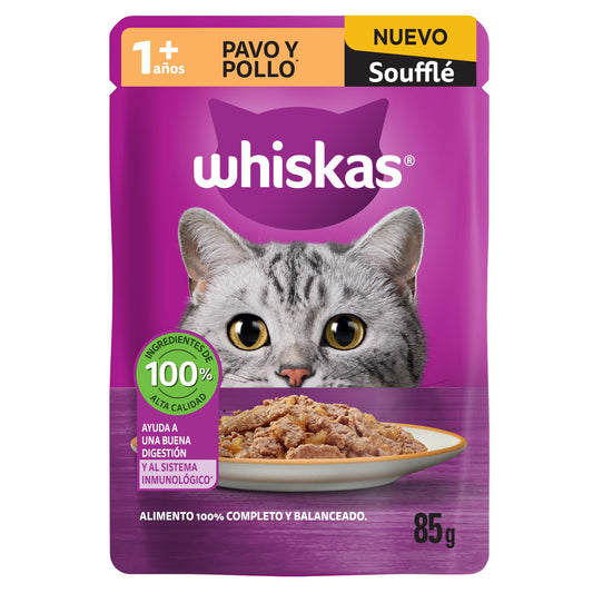 Whiskas Alimento Húmedo para Gatos Adultos, Sabor Soufflé Atún y Sardina 85g c/u. Paquete de 24 Unidades