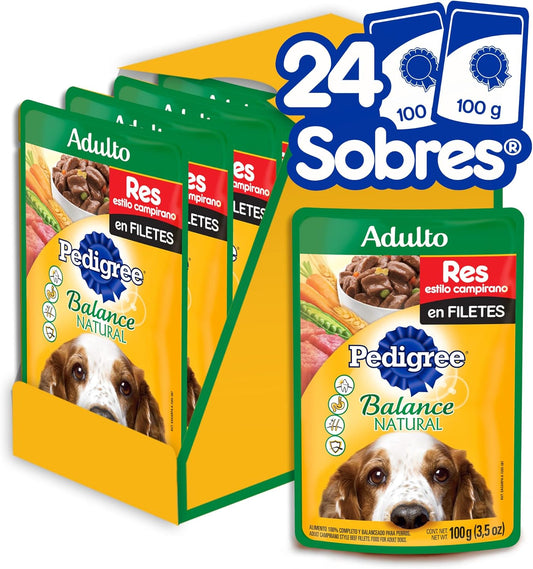 Pedigree - Sobres para Perro Adulto Balance Natural, Res y Vegetales, 100gr. c/u, 24 Sobres