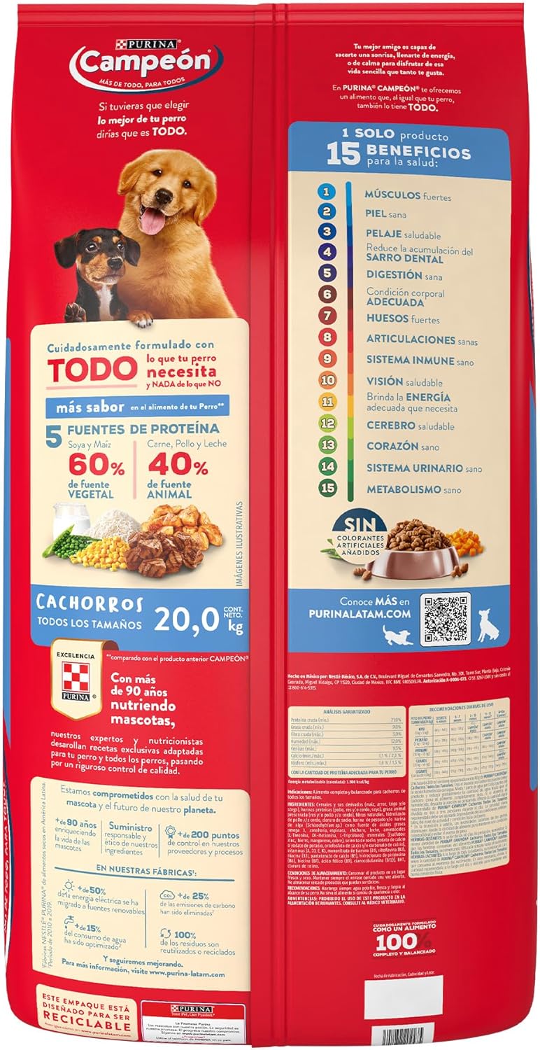 Purina Campeón Cachorro Todos los tamaños Sabor Carne, Pollo y Cereales 20Kg
