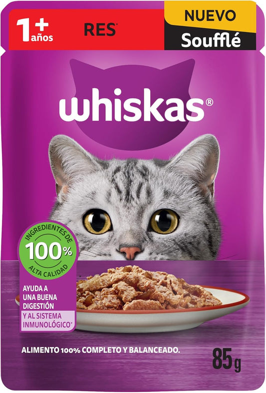 Whiskas - Sobres para Gato, Sabor Soufflé De Res, 85g c/u., Fibra Natural, Minerales, Vitaminas A, Sin Conservadores, 24 Sobres