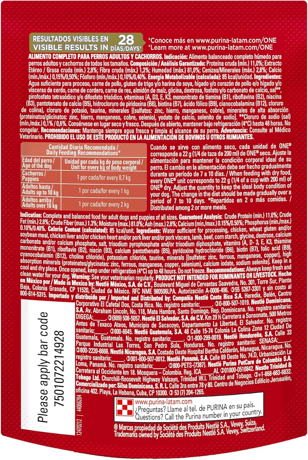 Purina One Adulto Todos los Tamaños Multi Proteinas Sabor Pollo y Carne 24pack de 85g