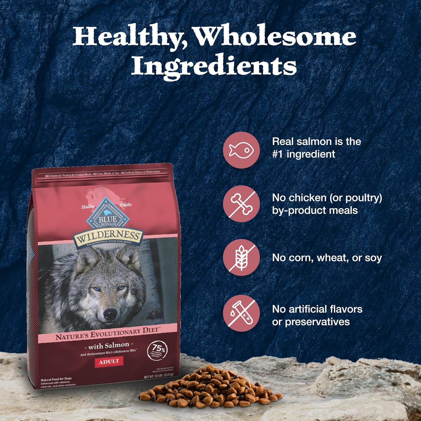 Blue Buffalo Wilderness High Protein Natural Adult Dry Dog Food Plus Wholesome Grains, Salmon 4.5 LB Bag