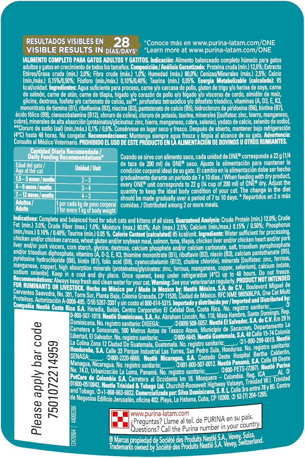Purina One Gato Adulto Todos los Tamaños Multi Proteinas Sabor Salmón, Atún y Pescado 24pack de 85g