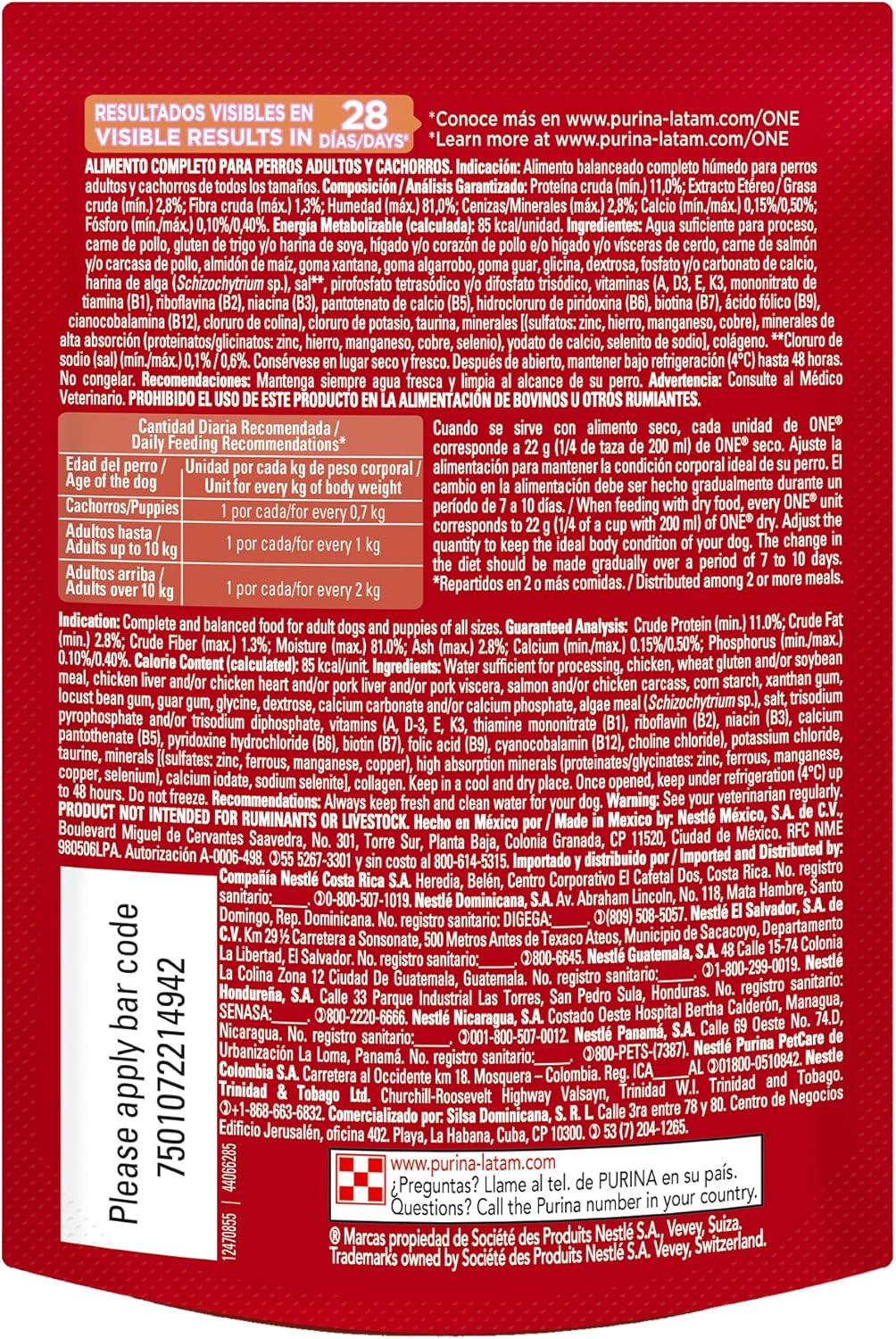 Purina One Adulto y Cachorro Todos los Tamaños Super Nutrientes Sabor Pollo 24pack de 85g