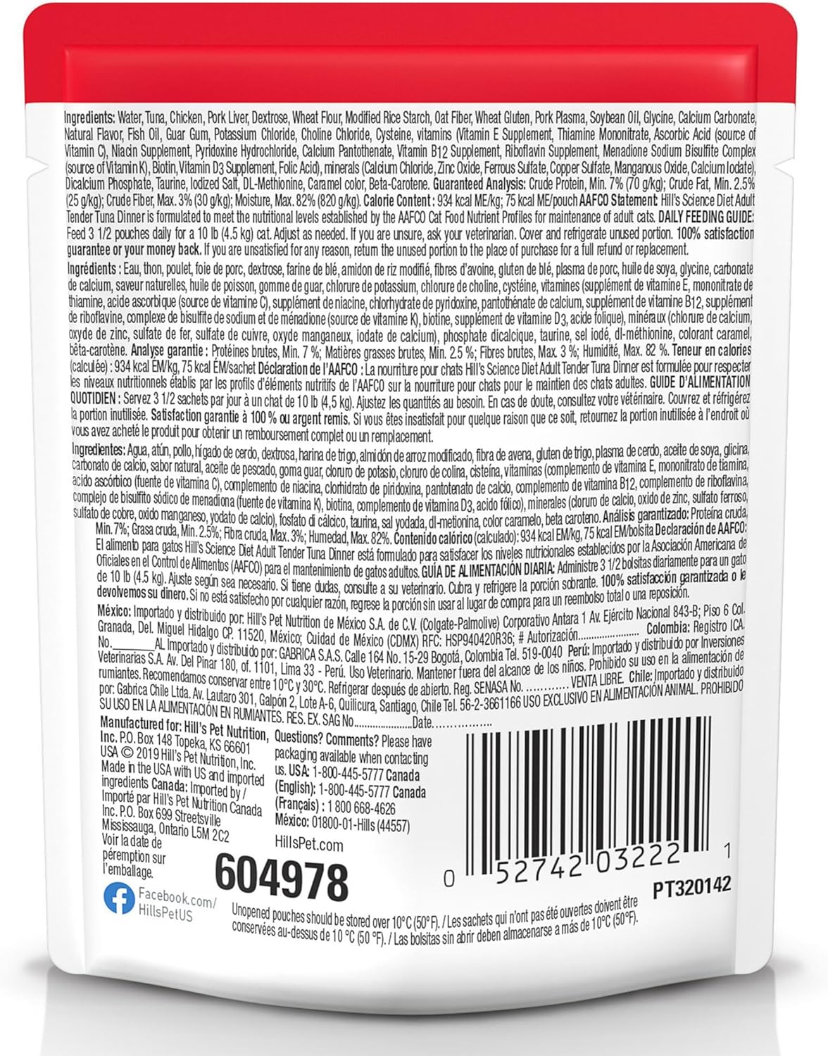 Hill's Science Diet Adult, alimento húmedo en Pouch para Gato Adulto, platillo de atún 12 x 79 g Pouch