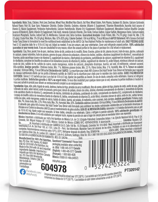Hill's Science Diet Adult, alimento húmedo en Pouch para Gato Adulto, platillo de atún 12 x 79 g Pouch