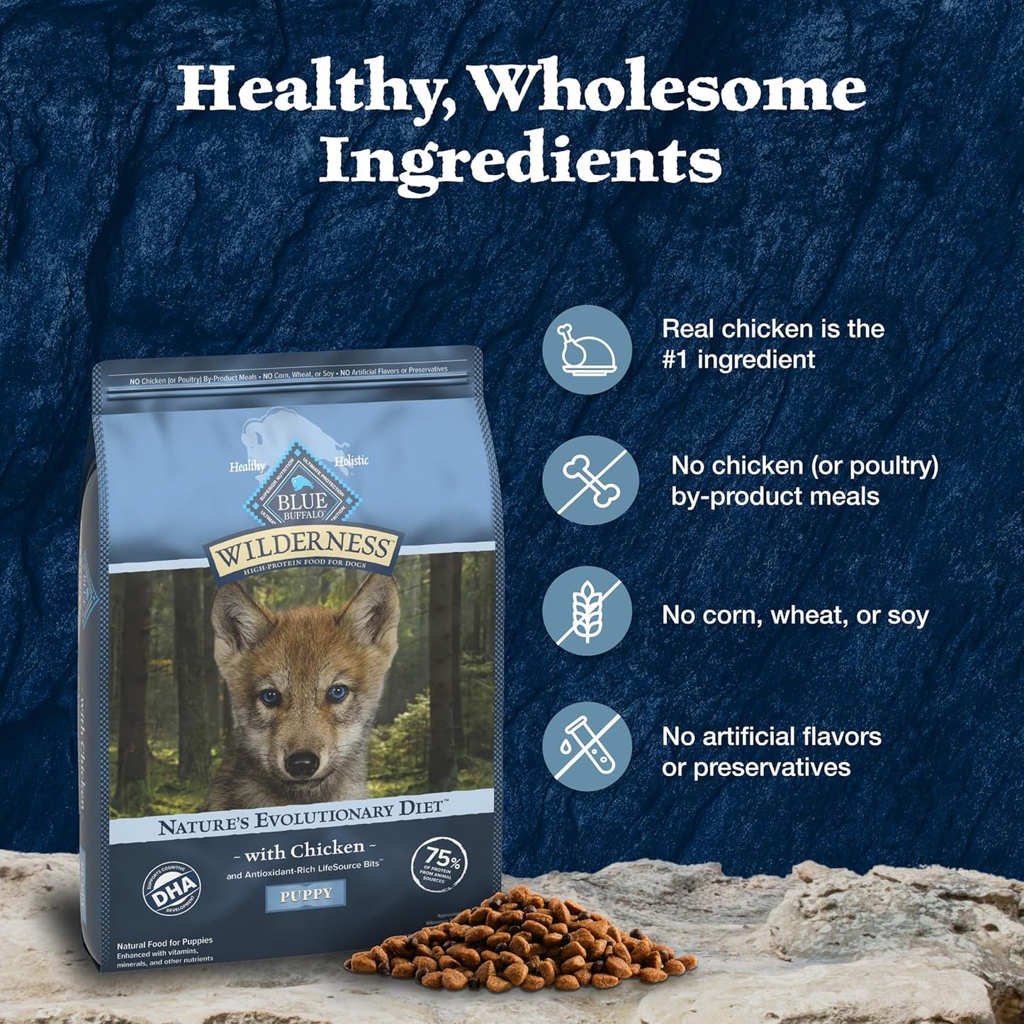 Blue Buffalo Wilderness High Protein Natural Puppy Dry Dog Food Plus Wholesome Grains, Chicken 4.5 lb Bag