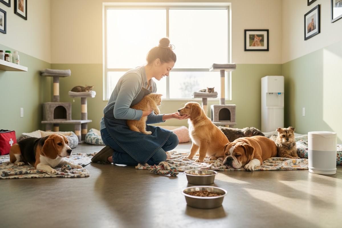 Perros y gatos siendo cuidados en un refugio por una rescatista